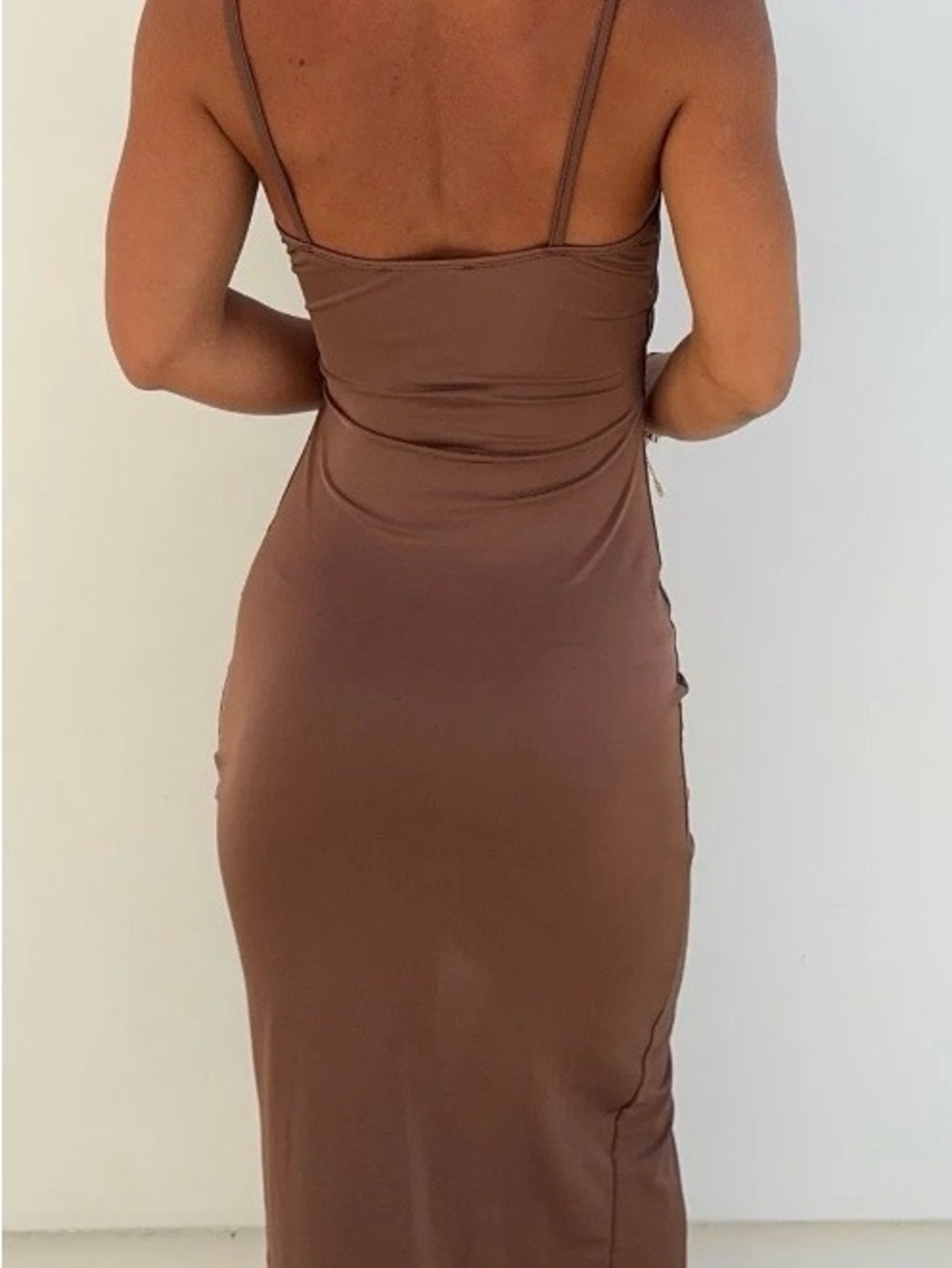 Lovely Day Brown Ruched Cutout Midi Dress - Picture 2 of 5